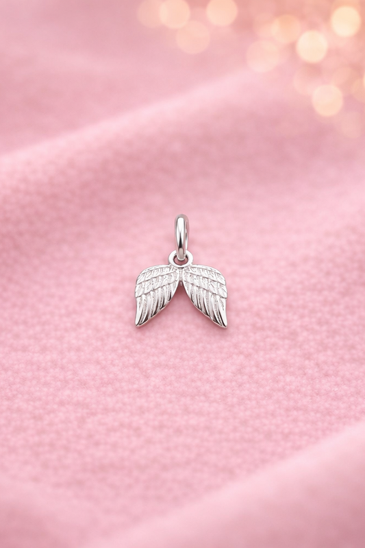 Silberner Anhänger Schutzflügel auf rosa Tuch