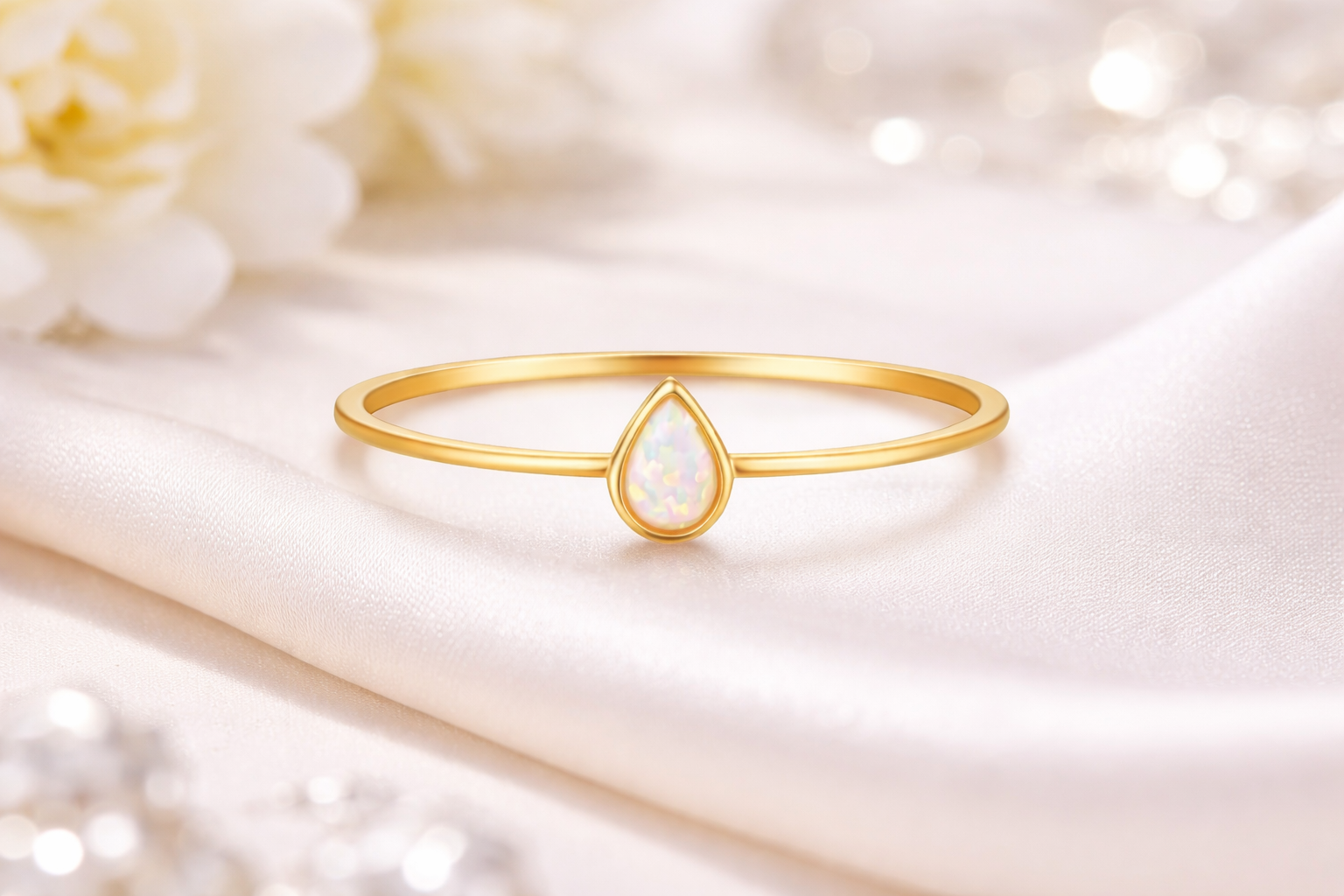 Ring Drop gold mit hellem Zierstein auf weissem Tuch